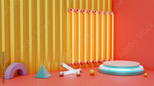 Colorful neon podium for product presentation background 3d rendering