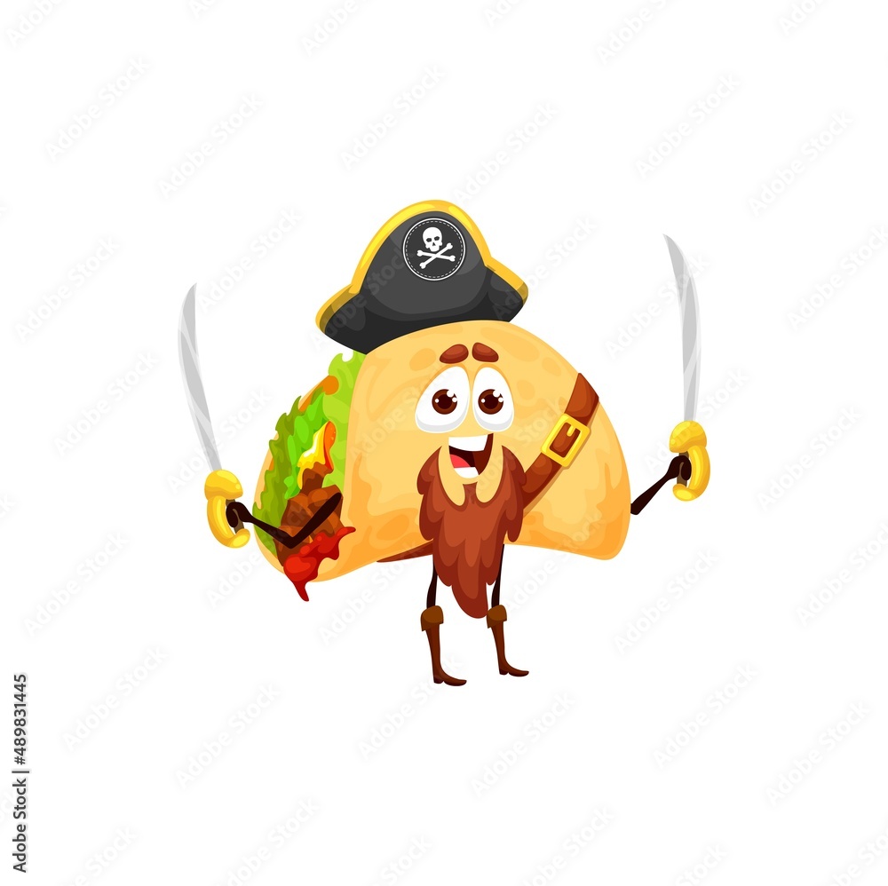 Cartoon mexican tacos pirate personage. Vector corsair fast food character  wear captain cocked hat with sabers in hands. Funny filibuster snack, meal  of Mexico, tex mex fastfood cafe takeaway dish vector de
