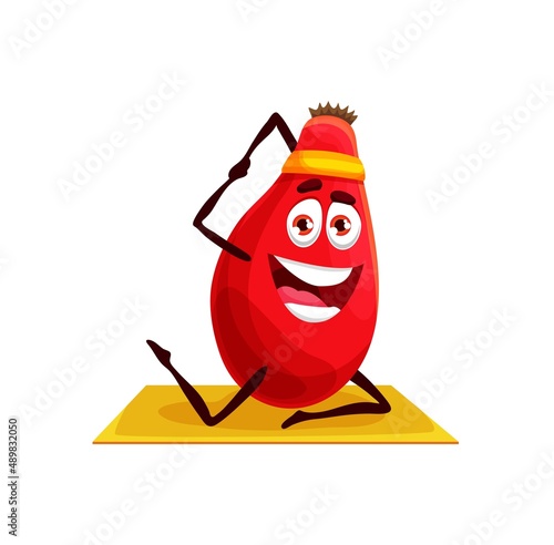 Cartoon berry fruit character on yoga or pilates fitness sport. Cute red vector barberry on sport headband and exercise mat showing a pose of meditating and relaxing yoga workout