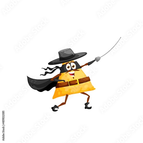 Cartoon mexican nachos character superhero in black hat and cape. Funny vector super hero tex mex snack in mask fence with rapier. Isolated fantasy personage, food of Mexico, courageous adventurer