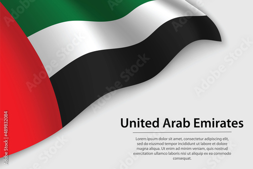 Wave flag of United Arab Emirates on white background. Banner or