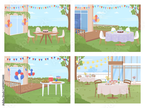 Backyard party arrangement flat color vector illustration set. Summertime activities. Birthday party. Independence day. Helium balloons. 2D simple cartoon landscape with decorations on background