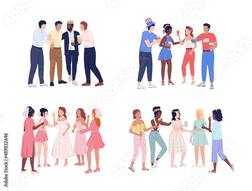 Friends having fun at party semi flat color vector characters set. Standing figures. Full body people on white. Celebration simple cartoon style illustration for web graphic design and animation pack