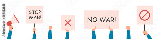 No war. Protest against the war in Ukraine. People with posters. Conflict between Russia and Ukraine. Vector illustration