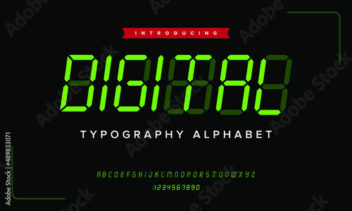 Digital clock number green alphabet. Numeric technology led modern simple typography. Isolated vector