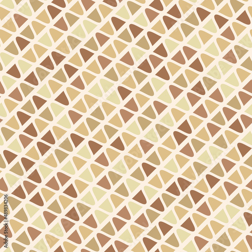 Vector geometric seamless pattern. Stylish graphic texture with small curved shapes, wavy elements, diagonal stripes. Abstract mosaic background in gold, beige and brown tones. Vintage repeat design