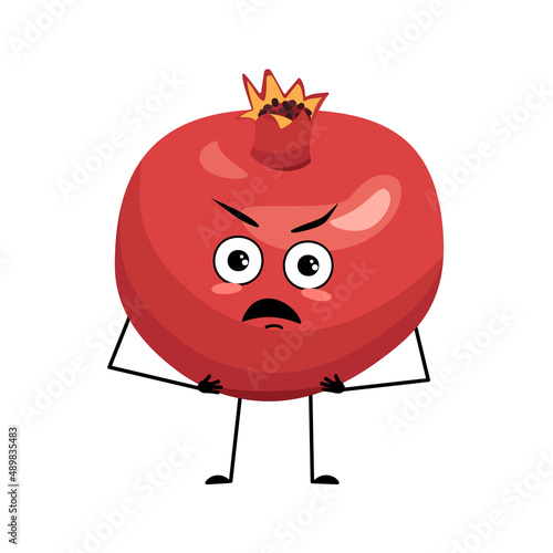 Pomegranate character with angry emotions, grumpy face, furious eyes, arms and legs. Person with irritated expression, fruit emoticon. Vector flat illustration