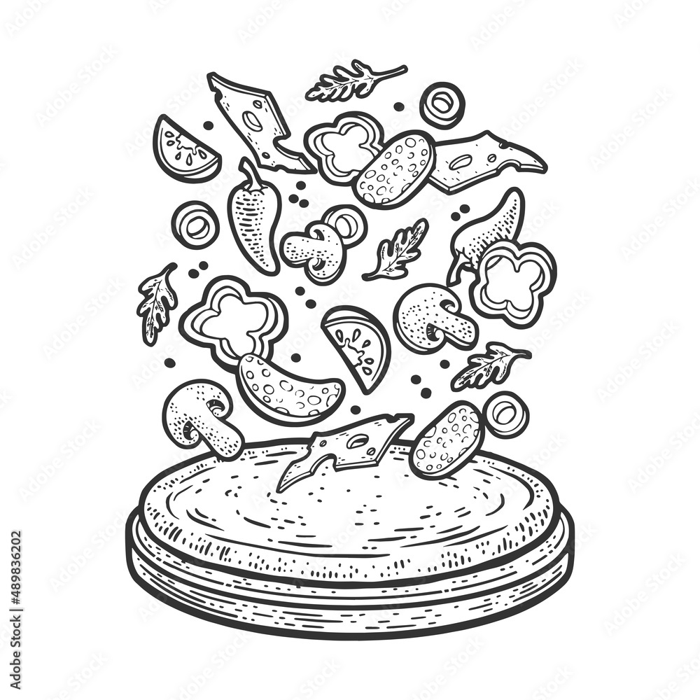 components of pizza sketch engraving raster illustration. T-shirt apparel print design. Scratch board imitation. Black and white hand drawn image. components of pizza sketch engraving raster illustration. T-shirt apparel print design. Scratch board imitation. Black and white hand drawn image.