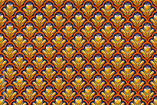 Yellow Flower on Navy Blue, White, Orange Geometric ethnic oriental pattern traditional Design for background,carpet,wallpaper,clothing,wrapping,Batik,fabric, illustration embroidery style