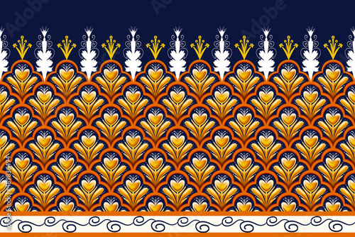 Yellow Flower on Navy Blue, White, Orange Geometric ethnic oriental pattern traditional Design for background,carpet,wallpaper,clothing,wrapping,Batik,fabric, illustration embroidery style