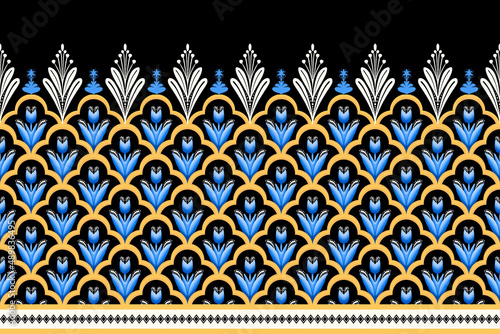 Blue Flower on Black, White, Yellow Geometric ethnic oriental pattern traditional Design for background,carpet,wallpaper,clothing,wrapping,Batik,fabric, illustration embroidery style