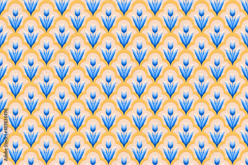 Blue Flower on Ivory, White, Yellow Geometric ethnic oriental pattern traditional Design for background,carpet,wallpaper,clothing,wrapping,Batik,fabric, illustration embroidery style