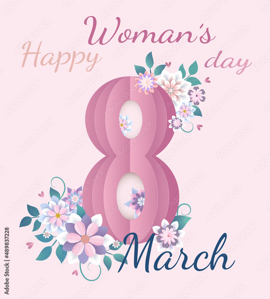 happy international womans day 
hand drown vector illustration, eps 10 with paper cut flowers