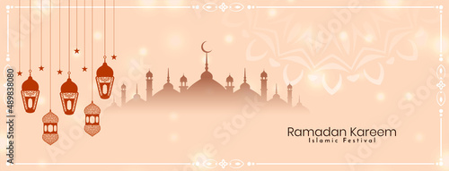 Religious Ramadan Kareem islamic festival greeting banner with mosque