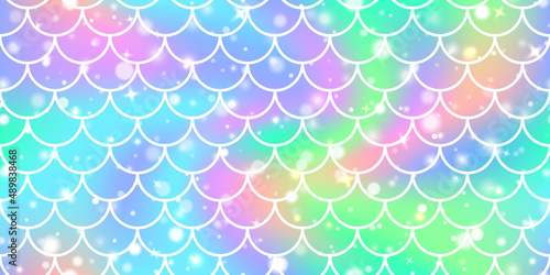 Holographic iridescent pastel mermaid scale seamless pattern. Blurred foil gradient vector background. Kawaii rainbow bokeh hologram with galaxy effect. Girlie sweet unicorn backdrop from fairy tale.