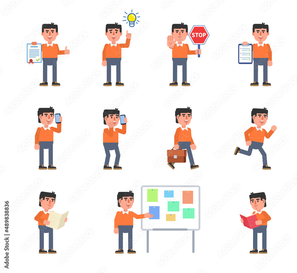 Set of businessman characters in orange pullover in various situations. Man holding document, clipboard, stop sign, talking on phone, running, reading and other actions. Modern vector illustration