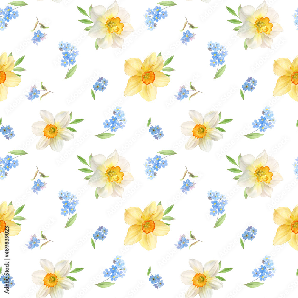 Floral pattern with daffodils and forget-me-nots, watercolor illustration