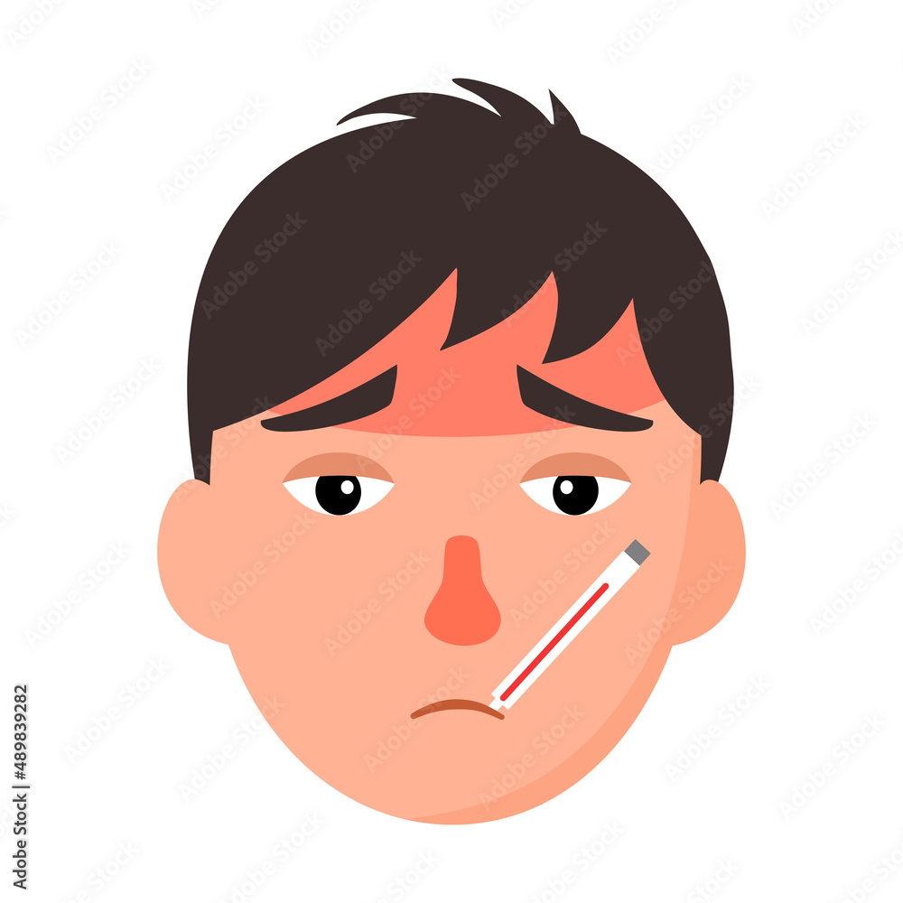 Sick man suffering from flu and take thermometer in mouth. He has fever symptom. Cold or influenza disease concept. Sick man suffering from flu and take thermometer in mouth. He has fever symptom. Cold or influenza disease concept.