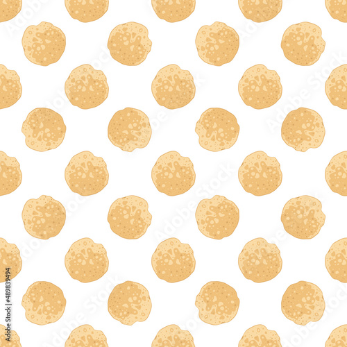 Seamless pattern with round pancake, print of delicious homemade pastry for breakfast, Maslenitsa, carnival or holiday. Vector flat food illustration