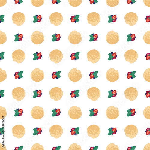 Seamless pattern with round pancake and berries, print of delicious homemade pastry for breakfast, Maslenitsa, carnival or holiday. Vector flat food illustration