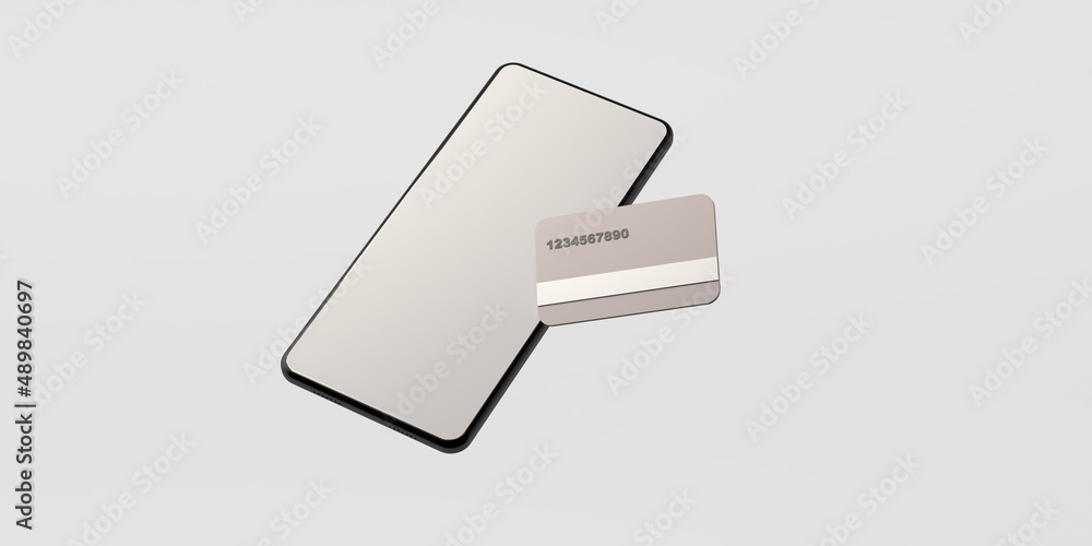 Smartphone with credit card isolated on white background. Payment with smartphone. Virtual payment. 3D illustration. Copy space. Smartphone with credit card isolated on white background. Payment with smartphone. Virtual payment. 3D illustration. Copy space.