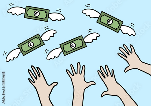 Illustration of flying banknotes. Inflation, love of money, devaluation concept. Euro.
