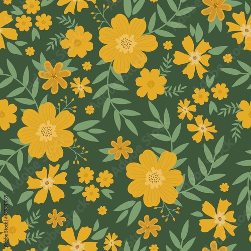 Seamless vintage pattern. Yellow flowers, green leaves. Dark green background. vector texture. fashionable print for textiles, wallpaper and packaging.