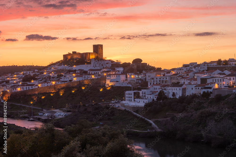 Sunset in Mertola, village of Portugal and its castle. Village in the south of Portugal in the region of Alentejo