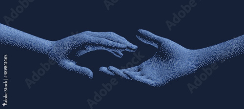 Hands reaching towards each other. Concept of human relation, togetherness or  partnership. 3D vector illustration. Can be used for advertising, marketing or presentation.