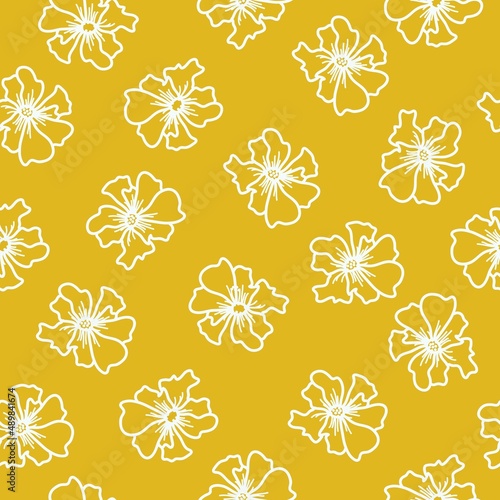 Seamless vintage pattern. White flowers . Yellow background. vector texture. fashionable print for textiles, wallpaper and packaging.