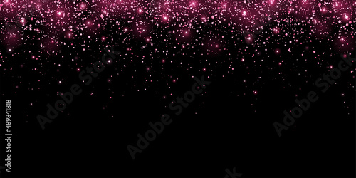 Wide pink glitter holiday confetti with glow lights on black background. Vector