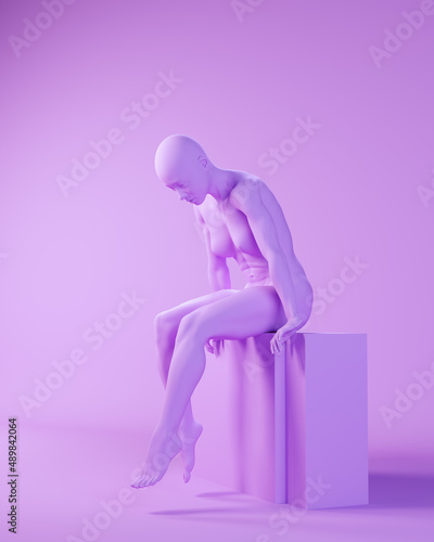 Purple Pink Lavender Woman Sitting Position Leaning Forward Pose Meditating 3d illustration render