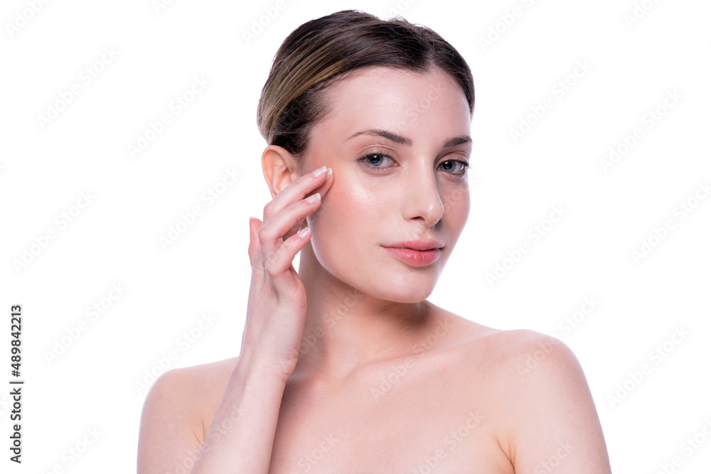 Beautiful woman with clean fresh skin touching her face. Face care treatment. Natural healthy cosmetic beautiful female happy smile portrait manicure hand. Cosmetology, beauty and spa Beautiful woman with clean fresh skin touching her face. Face care treatment. Natural healthy cosmetic beautiful female happy smile portrait manicure hand. Cosmetology, beauty and spa