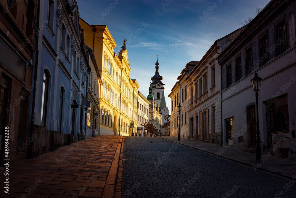 Street in Pisek - town in South Czechia. Sunny day.