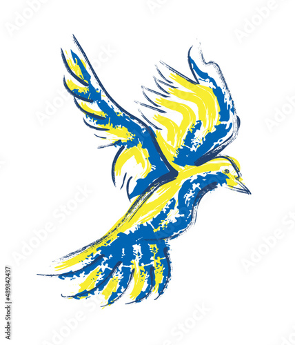peace dove with ukraine flag colors, blue and yellow, hand painted brush symbol of freedom and free world