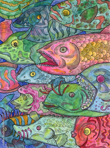 Colorful Marine Fantasy illustration of fish under water. Nautical vintage drawings, t-shirt and tattoo graphic © samiramay