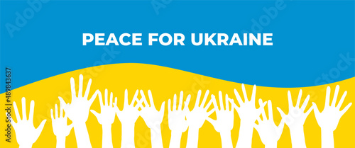 Peace for Ukraine vector poster. Concept of Ukrainian and Russian military crisis, hands on blue and yellow background