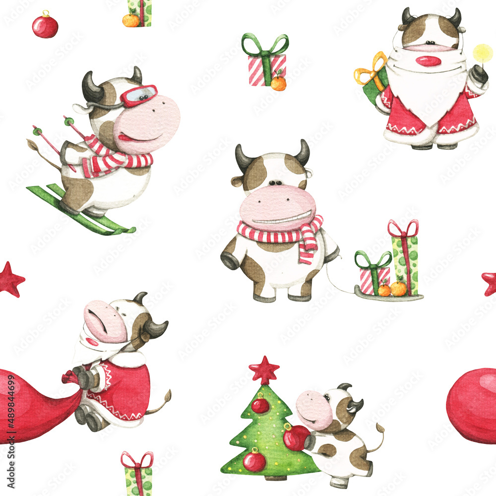 Cute cartoon seamless pattern for Christmas theme. New Year's pattern. Cartoon characters on a pattern Cute cartoon seamless pattern for Christmas theme. New Year's pattern. Cartoon characters on a pattern