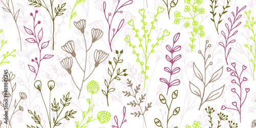 Field flower branches natural vector seamless pattern. Beautiful herbal graph...