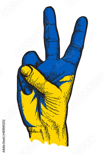 hand in form of victory sign with colors of ukraine, blue and yelow, hand drawn vector illustration