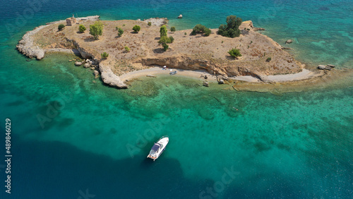 Aerial drone photo of bat shaped island of Apsifia in picturesque village of Galaxidi, Fokida, Greece