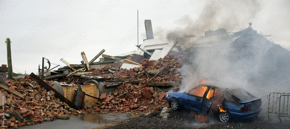 Ukraine war, air strike, on city, urban warfare, street and houses destroyed by blast - obrazy, fototapety, plakaty 