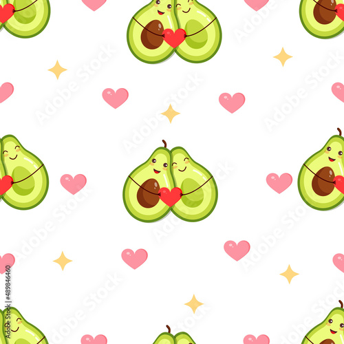 Seamless pattern with a cute pair of avocado halves and holding a heart. Vector illustration of valentine's day texture for postcard, textile, decor, paper, texture, wrapping.