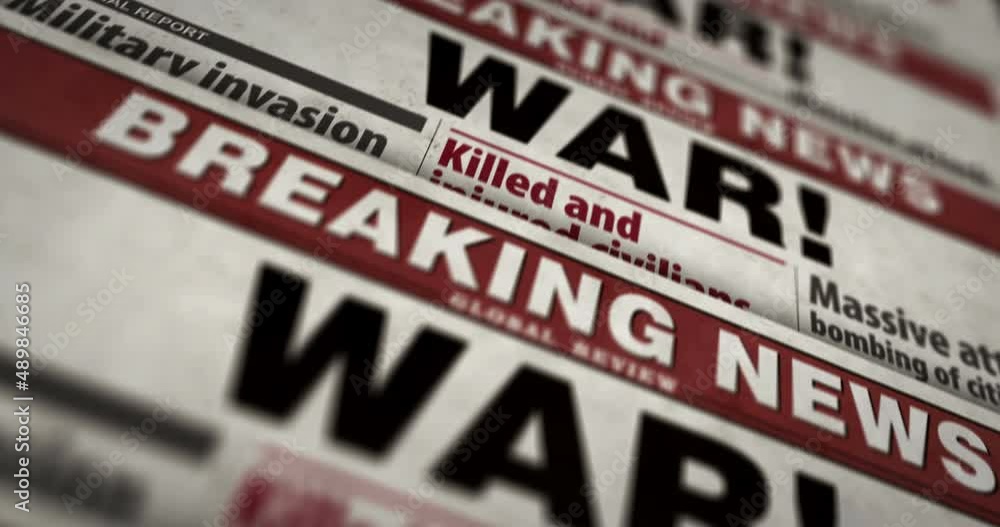 War news, global humanitarian crisis and military invasion daily newspaper report printing. Abstract concept retro 3d rendering seamless looped. War news, global humanitarian crisis and military invasion daily newspaper report printing. Abstract concept retro 3d rendering seamless looped.