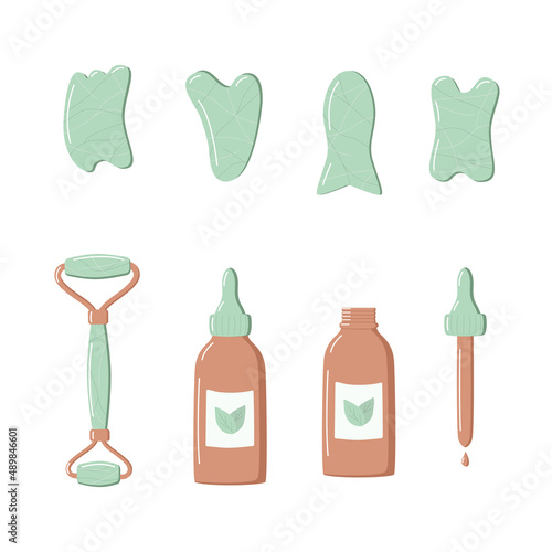 A set of trendy gua sha scrapers made of natural stone and cosmetic oil  roller massager for facial care. Vector illustration skin care concept.