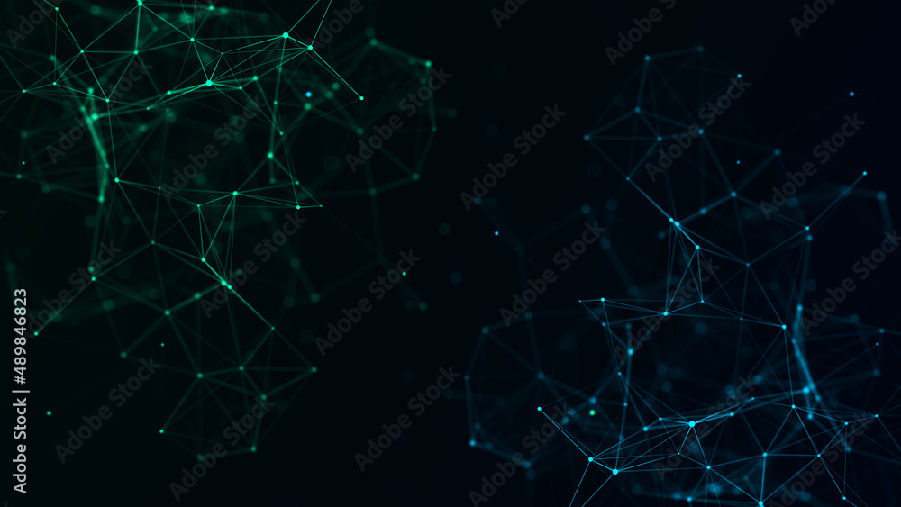 Abstract futuristic background from double flow of neural connections. Digital weaves of particles. Network concept structure. 3D rendering.