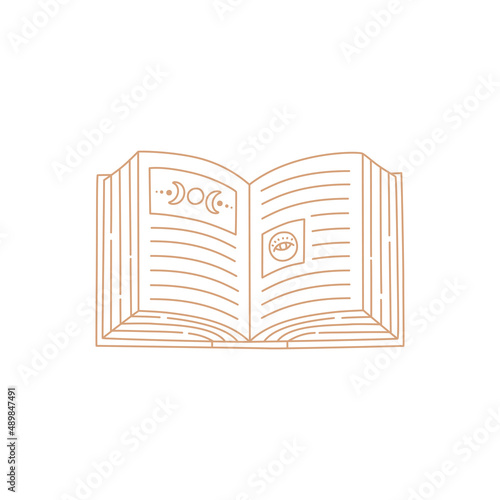 Spell book with magic texts concept, gold simple contour lines, boho style. Witch symbol and mystic design element. Hand drawn vector illustration isolated on white background. Doodle flat style.