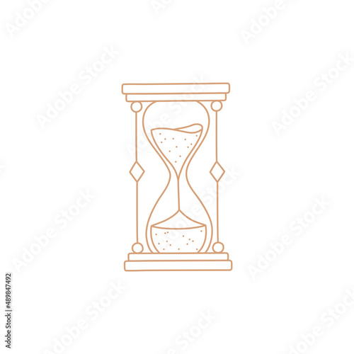 Hourglass or sandglass logo, gold simple contour line, boho style. Magic astrology symbol and mystic design element. Hand drawn vector illustration isolated on white background. Flat cartoon style.