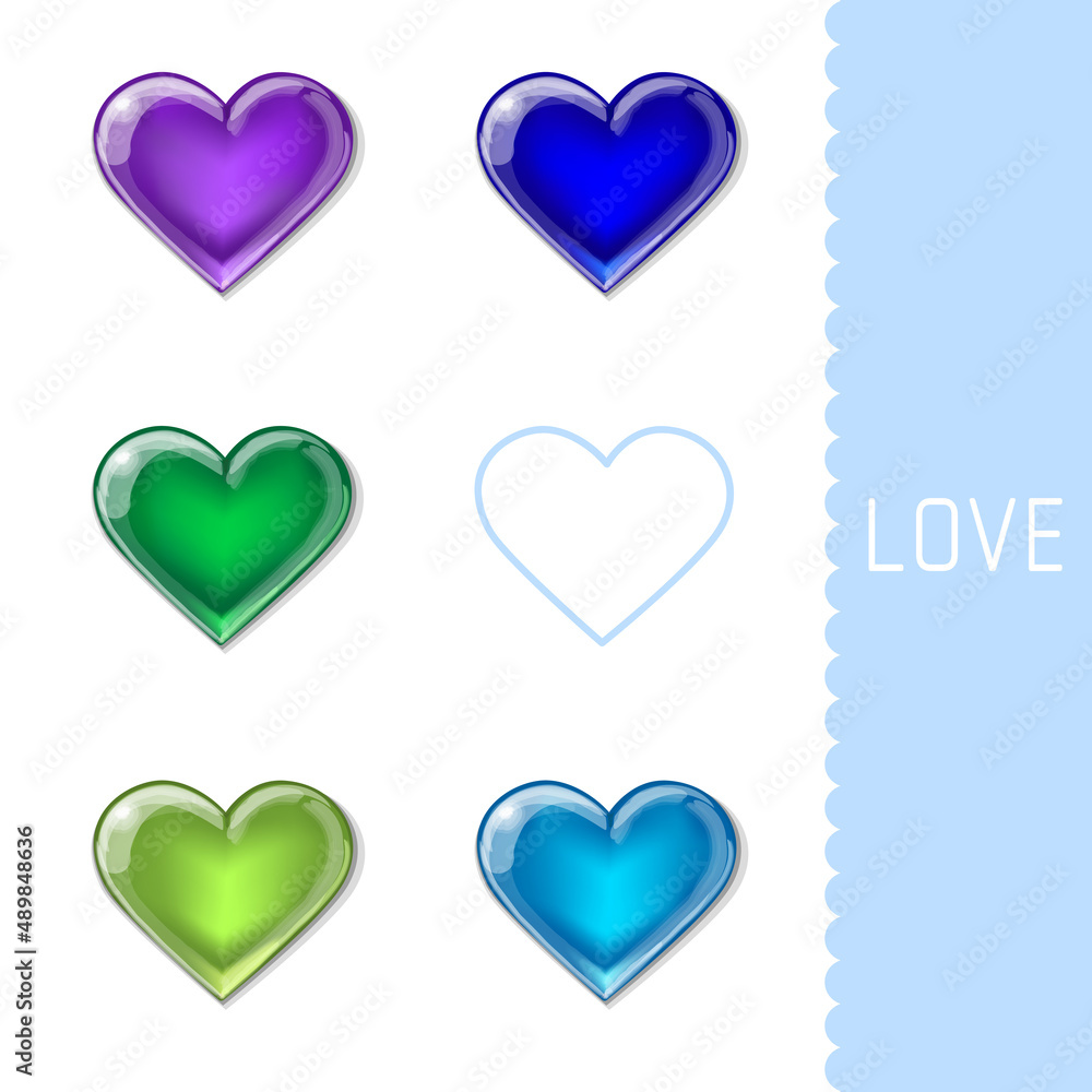 Purple, Blue, Green, Lime and Light blue glass hearts. Vector Illustration Purple, Blue, Green, Lime and Light blue glass hearts. Vector Illustration