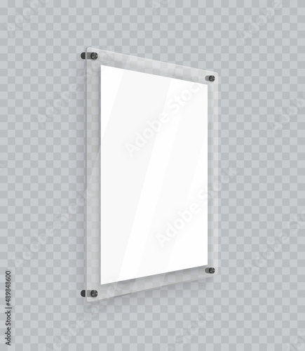 Acryl signage frame in perspective, Vertical poster place, realistic mockup isolated hanging on transparent wall. White glass display with nails for picture or photo, angle plexiglass plate.